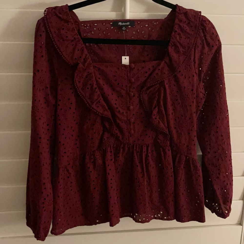 Madewell Maroon Eyelet Peplum Blouse NWT